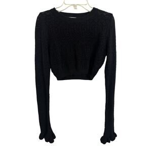 Black Cropped Open Knit Sheer Sweater Long Ruffle Sleeves Size 4 Whimsigoth